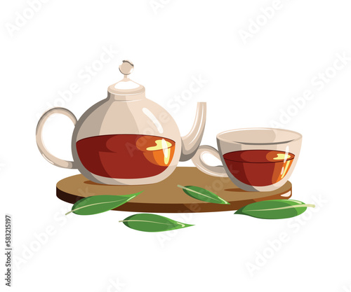 Teapot and cup with black tea. Flat style illustration isolated on white background