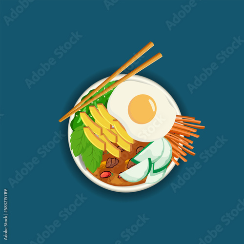 Bibimbap Minimal Unique Vector With Chopstick Set Korean Korea Bowl Cook Hot Delicious Spice Soup Meat Meal Vegetable Healthy Rice Bibimbap Kimchi Clip Art Restaurant Isolated Template Background.