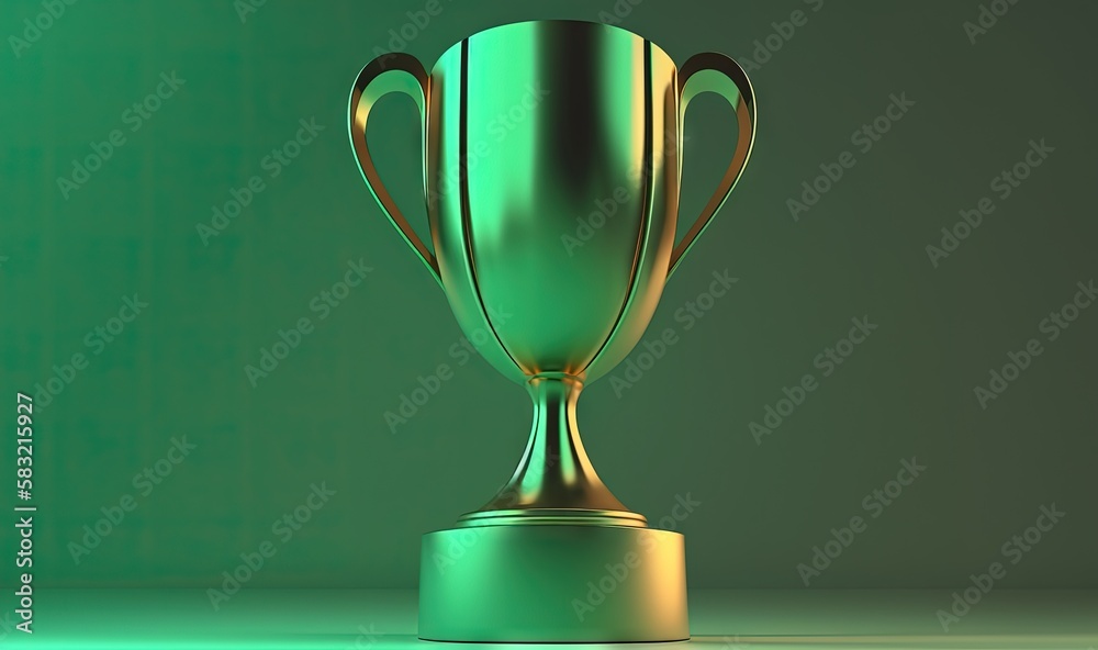 a gold trophy on a green surface with a blurry back ground and a green wall in the background with a white spot on the bottom. generative ai a gold trophy on a green surface with a blurry back ground and a green wall in the background with a white spot on the bottom. generative ai