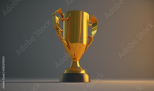  a golden trophy is shown on a gray surface with a shadow on the floor and a gray background behind it is a gray wall and a gray wall. generative ai