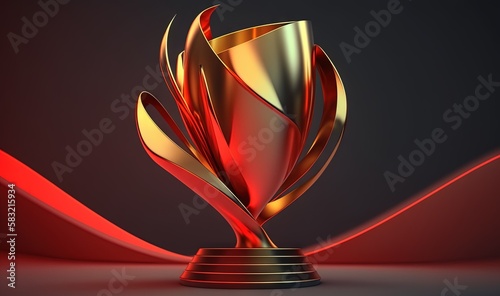  a red and gold trophy with a red ribbon around it on a black background with a red and white stripe around it and a red and gold ribbon around it. generative ai