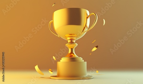  a golden trophy with a golden cup on top and confetti flying around it on a beige background with a light colored backdrop and a splash of confetti. generative ai