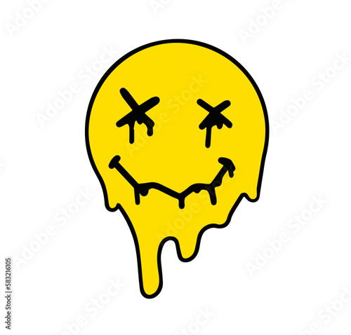 Acid smile face. Psychedelic symbol of rave and techno. Funny sticker for crazy print.