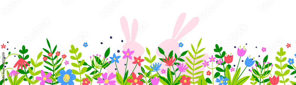 Bunnies and flowers on transparent background. Easter banner. PNG illustration