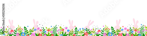 Easter bunnies with flowers on transparent background. Banner. PNG illustration