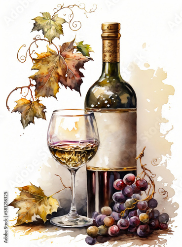 Bottle of wine and grapes. A painting of a bottle of wine and a glass of wine. Generative AI