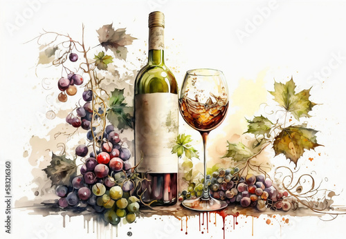 Bottle of wine and grapes. A painting of a bottle of wine and a glass of wine. Generative AI