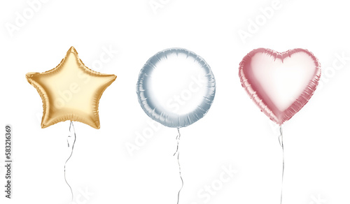 Blank colored round, star, heart balloon flying mockup, isolated photo