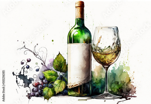 Bottle of wine and grapes. A painting of a bottle of wine and a glass of wine. Generative AI