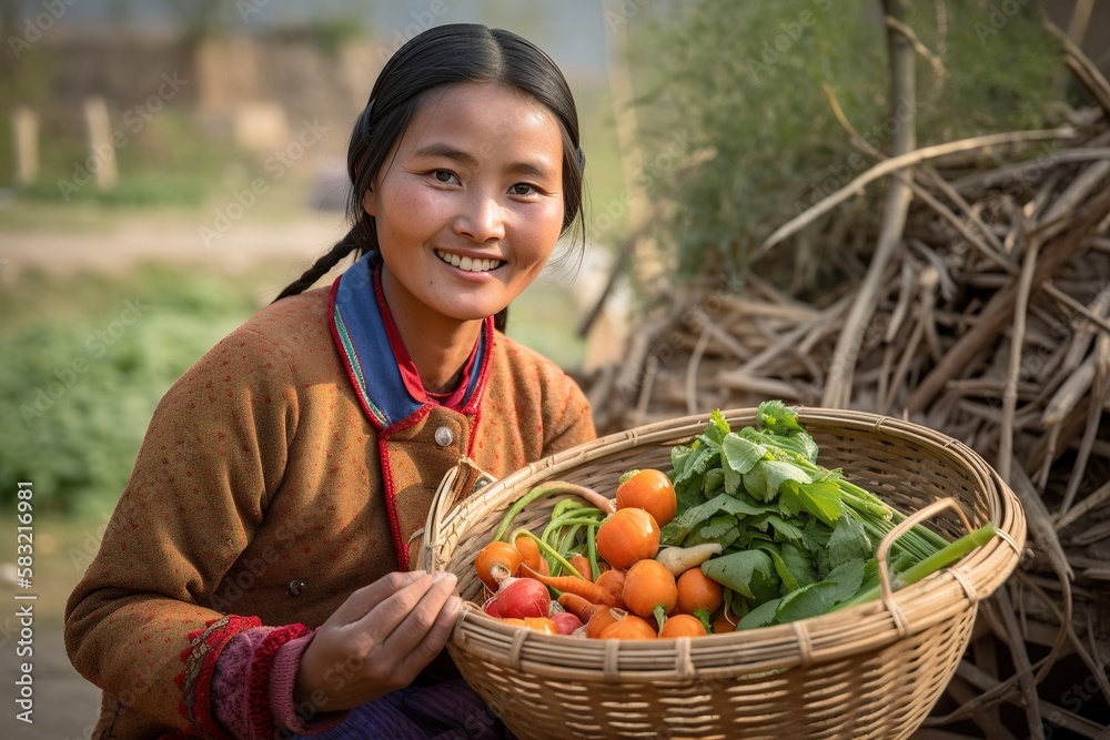 woman farmer with basket of freshly harvested vegetables woman farmer with basket of freshly harvested vegetables