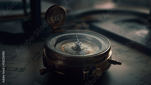 Compass on the wooden table. Vintage compass on dark background.generative ai