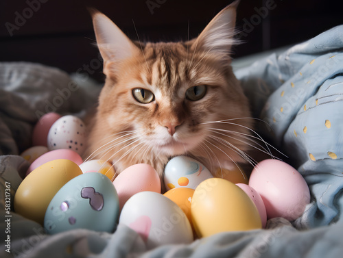 Cat sitting between easter eggs, Generative AI