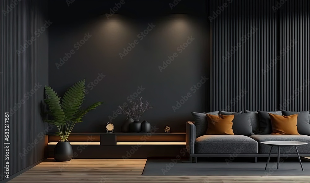 a living room with a couch, table and a potted plant on the side of the wall and a black wall behind it with vertical blinds.  generative ai
