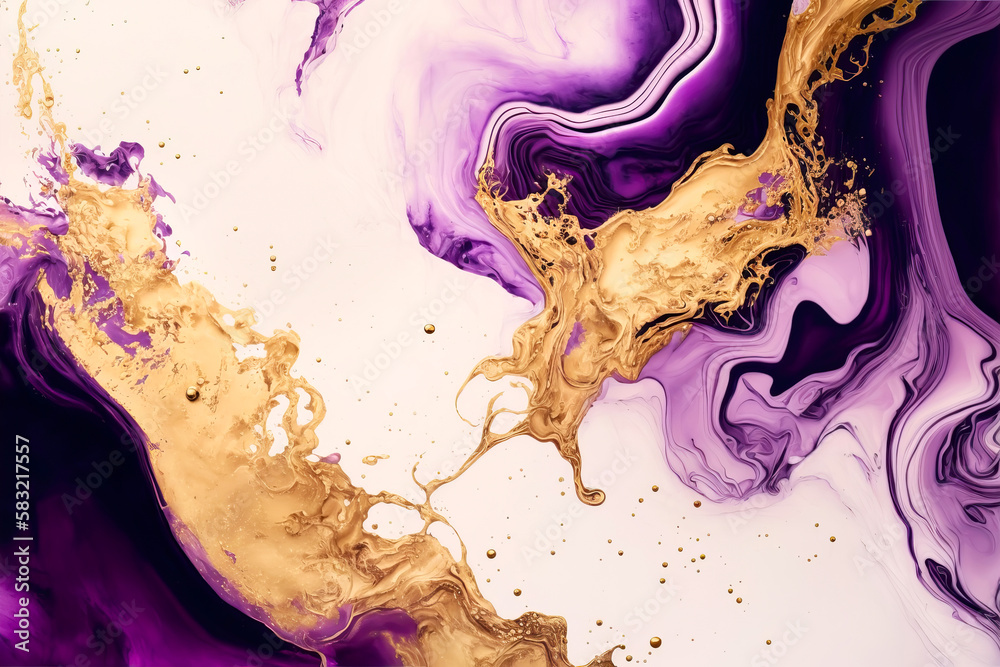 Fluid Art. Liquid purple and gold metallic abstract drips and wave. Generative AI illustration