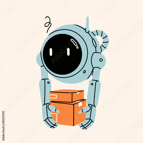 Blue round Robot carrying packages. Cute artificial robotic character. Hand drawn Vector illustration. Futuristic retro android. Cartoon style. Isolated design element. Delivery, postal concept