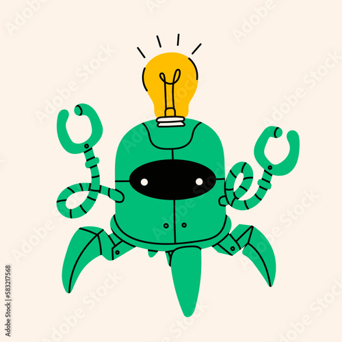 Green Robot looks like crab with bulb. Cute artificial robotic character. Hand drawn Vector illustration. Futuristic retro android. Cartoon style. Isolated design element. Good idea concept