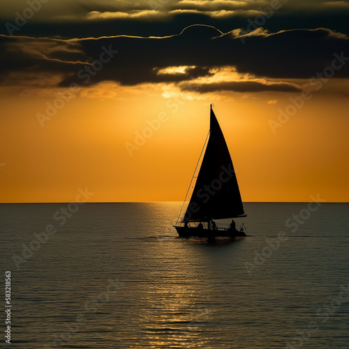 sunset, boat, sailboat, sea, sailing, sail, yacht, water, ocean, sun, ship, summer, travel, sky, silhouette, nature, sunrise, orange, sport, horizon, tropical, landscape, tourism, generative, ai