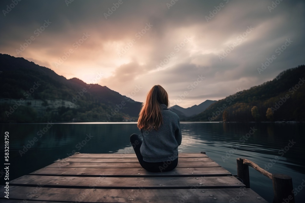 a woman sitting on a dock looking out at the water and mountains in the ...