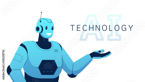 Vector illustration of a robot that smiles while demonstrating something with its hand. Robot poster conveys the idea of technological possibilities in the field of robotics. Artificial intelligence.