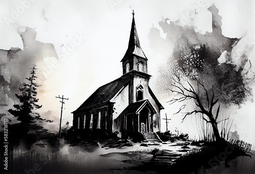 Watercolor Illustration of a A Church In Morning Light, Dramatic Black And White Photograph. Generative AI