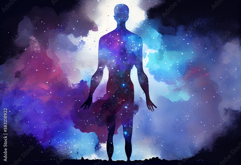 Watercolor Illustration of a Astral Body Silhouette With Abstract Space Background. Esoteric, Spiritual Life And Meditation Concept. Afterlife And Connection With Other Worlds. Generative AI
