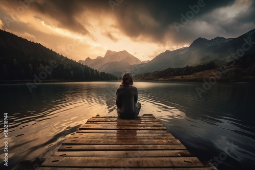 Leinwand Poster a person sitting on a dock looking out at a lake and mountains in the distance with a dark sky and clouds in the background, with a person sitting on the end of the dock