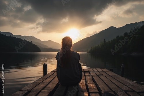 Leinwand Poster a woman sitting on a dock watching the sun go down over a mountain range in the distance with a lake in the foreground and mountains in the background