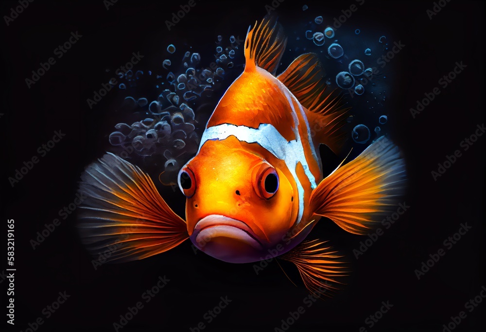 Watercolor Illustration of a Bright Orange Clownfish On Black Background. Close Up Image Of A Clown Fish Head And Eyes. Generative AI - obrazy, fototapety, plakaty 