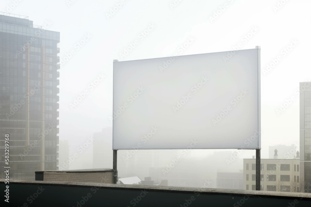 A serene rooftop vi of the skysers ly visible through the soft summer haze. Blank empty billboard mock up. AI generation. A serene rooftop vi of the skysers ly visible through the soft summer haze. Blank empty billboard mock up. AI generation.