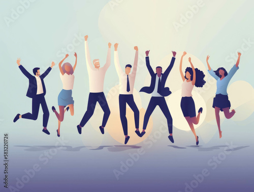 A group of happy business men and women jump in celebration after a successful project.. AI generation.