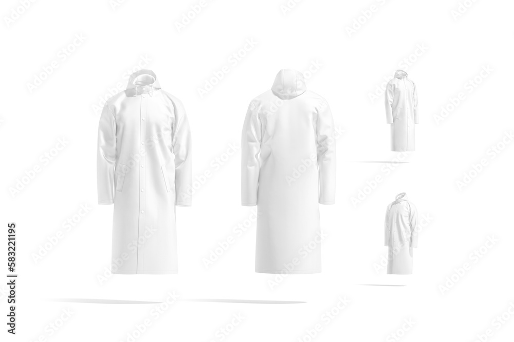 Blank white protective raincoat mockup, different views