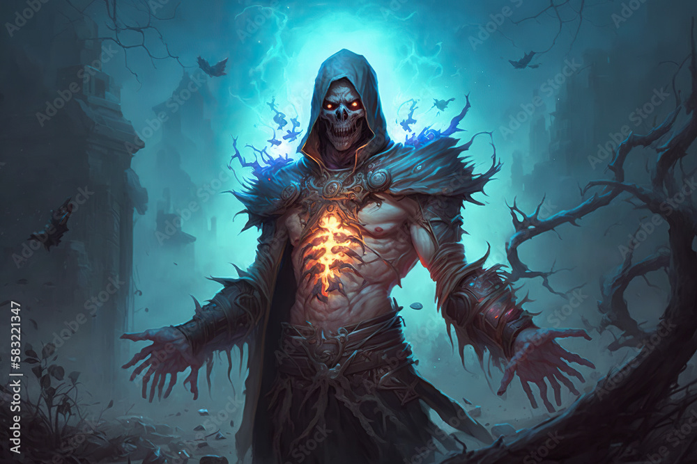 A sinister devastated necromancer in a spiked hood and a torn cloak over hundreds of rising zombie on the battlefield among the ruins art A sinister devastated necromancer in a spiked hood and a torn cloak over hundreds of rising zombie on the battlefield among the ruins art