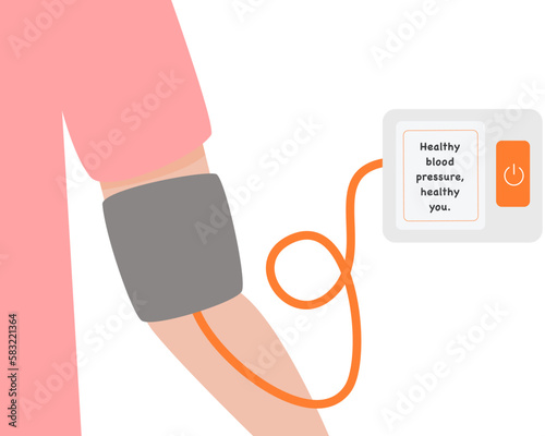 High blood pressure vector concept, blood pressure measurement. Tonometer on a hand of a person measuring blood pressure.Healty lifestyle