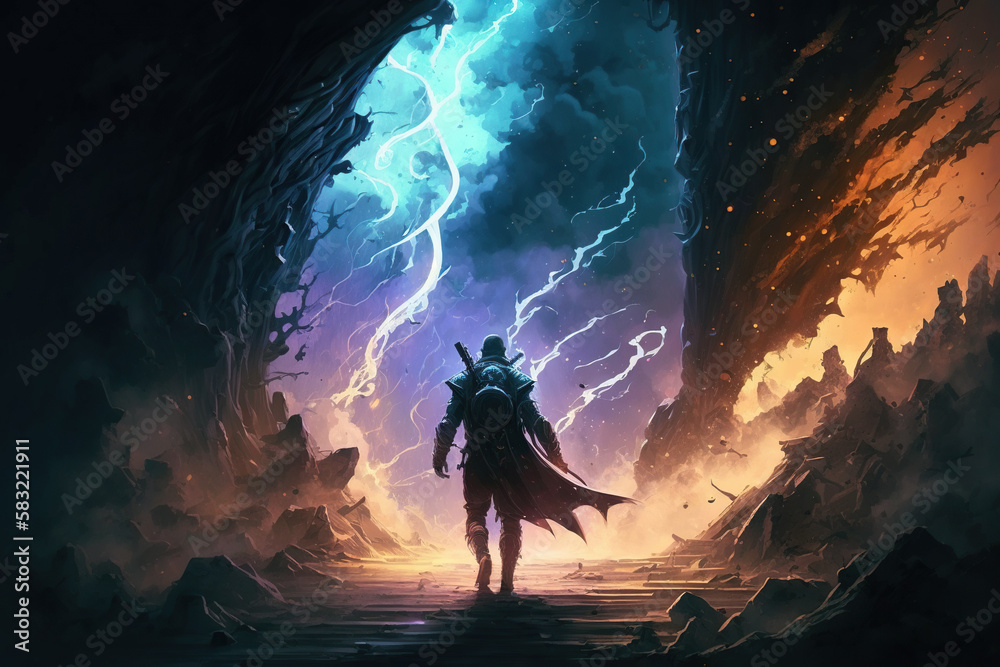 Obraz premium Hero walking in the illusory space, digital painting illustration