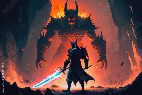 Digital illustration painting of knight with a sword facing the lava demon in hell, digital art style