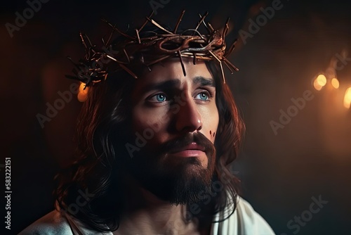 Jesus Christ with Crown of Thorns Looking to the Sky Christianity Religion