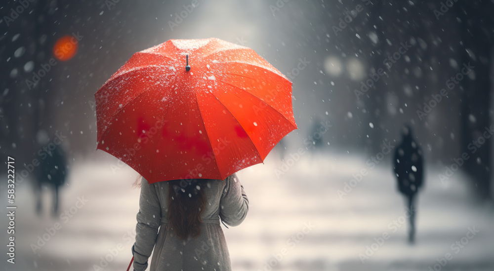 Woman from the back holding red umbrella in the snow 3D rendering. Girl romantic portrait first snow autumn. 3D realistic illustration. Based on Generative AI - obrazy, fototapety, plakaty 