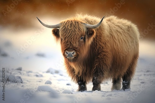 brown yak with long hair and horns standing in the snow Generative AI photo