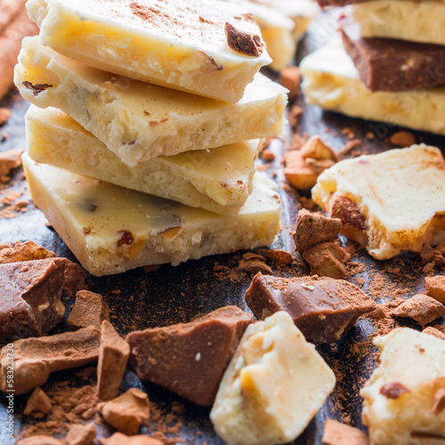 stack of white chocolate with nuts