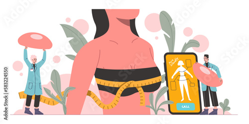 Breast plastic surgery. Augmentation or lifting. Female body part improvement. Silicone implants installation. Aesthetic medicine. Smartphone woman operation planning. Vector concept