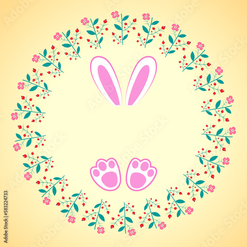 Easter card with rabbit ears and paws. Decorative vector wreath. Background for text. Holiday postcard.
