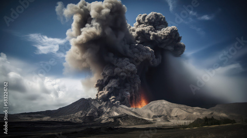 volcanic eruption with ash ejection into the air and lava flows. generative AI © Margo_Alexa