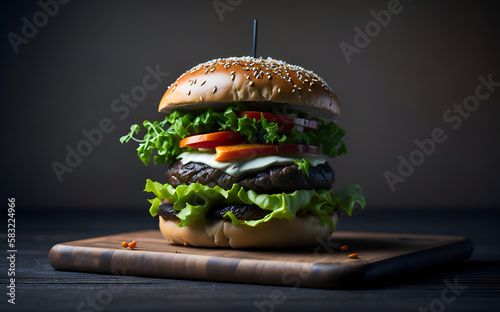 Hamburger Beef Burgers on Wooden Board, Generative AI