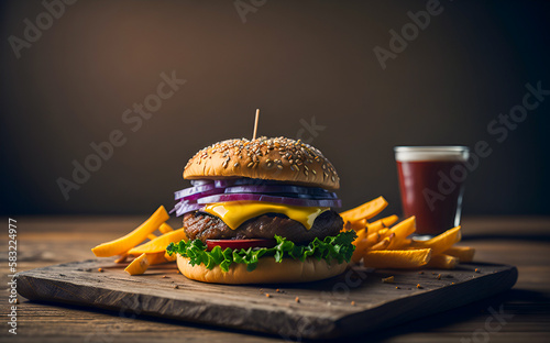 Delicious Hamburger Beef Burgers and French Fries on Wooden Board, Generative AI