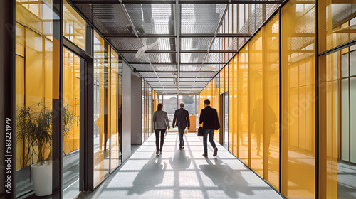 Modern Yellow Office Hallway, People Walking photo