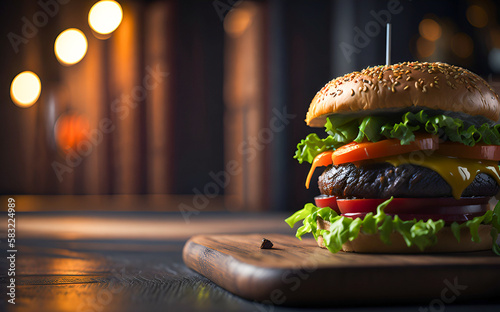 Hamburger Beef Burgers on Wooden Board, Generative AI