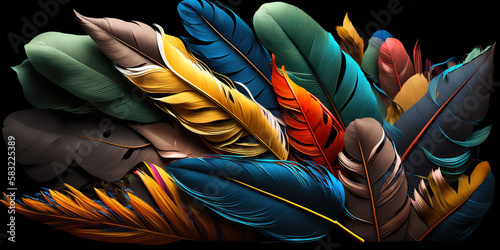 Fototapeta Naklejka Na Ścianę i Meble -  Colored bird feathers texture for background. Fantasy, abstract, soft color of art design. Close-up of colorful beautiful bird feathers. 3D realistic illustration. Based on Generative AI