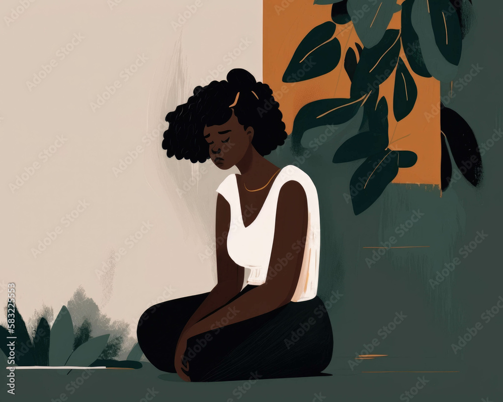 A focused black woman sits with her elbows propped up on her knees her eyes closed in contemplation as she silently questions her own. AI generation. A focused black woman sits with her elbows propped up on her knees her eyes closed in contemplation as she silently questions her own. AI generation.