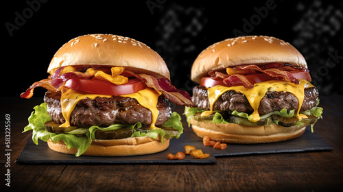 Grilled fresh beef patty topped with melted cheddar cheese on a lightly toasted bun. The burger is adorned with crispy slices of bacon, lettuce, tomato and sliced red onion. Generative ai.