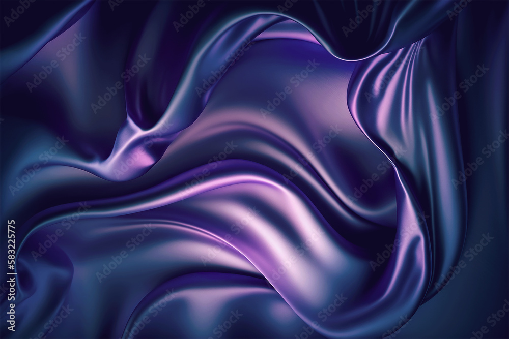 Purple abstract background. Purple silk satin texture background. Shiny fabric with wavy soft pleats. Dark blue elegant background with copy space for your design. Liquid wave effect